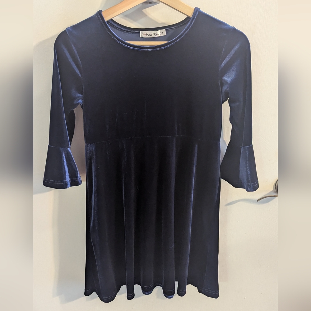 Orchid Lane Girls Velvet Blue Dress